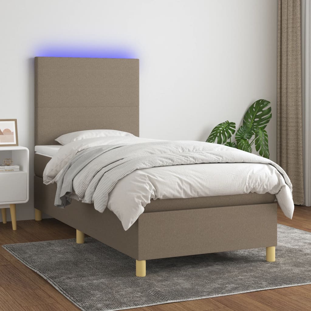 Κρεβάτι Boxspring με Στρώμα & LED Taupe 90x200 εκ. Υφασμάτινο
