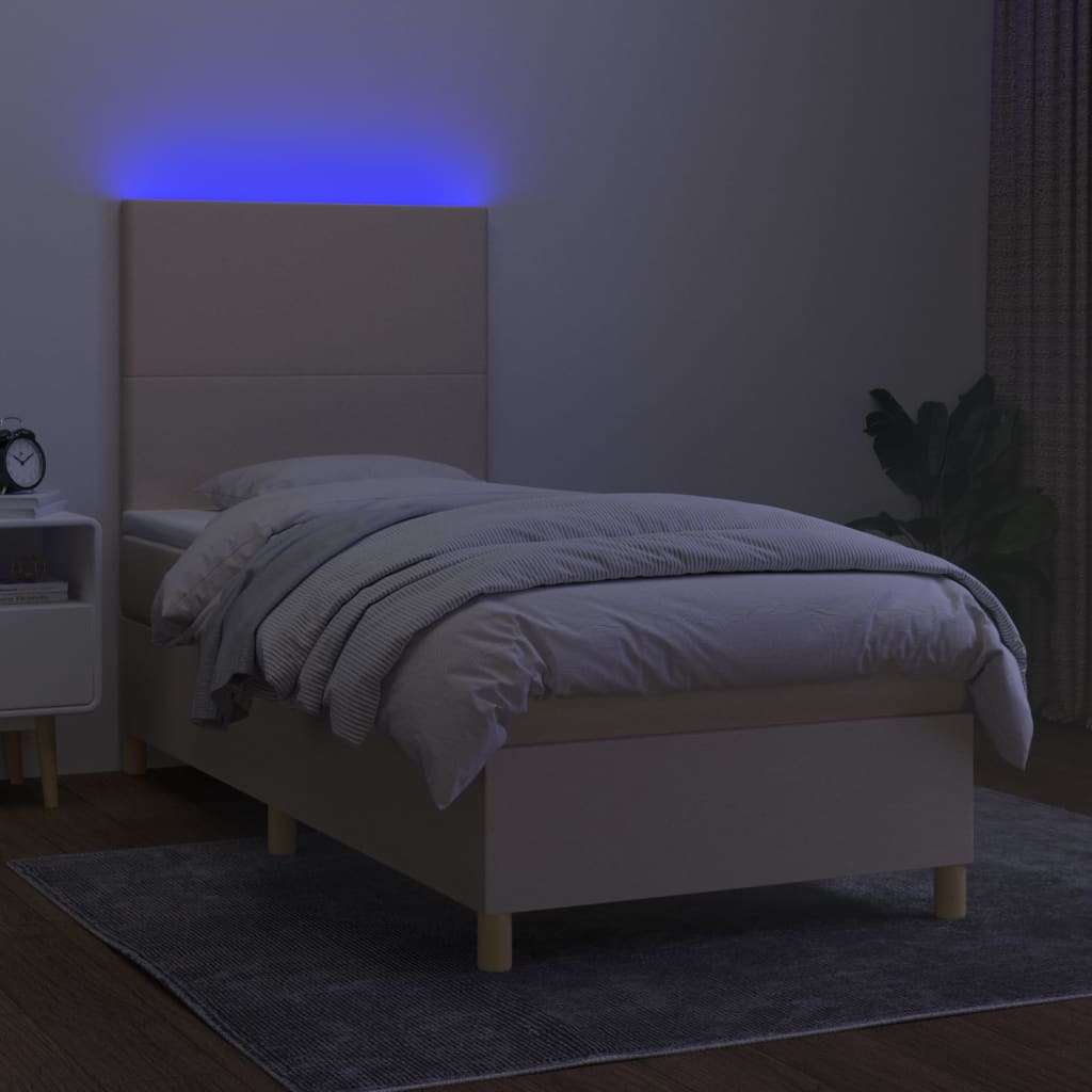 Κρεβάτι Boxspring με Στρώμα & LED Κρεμ 90x200 εκ. Υφασμάτινο