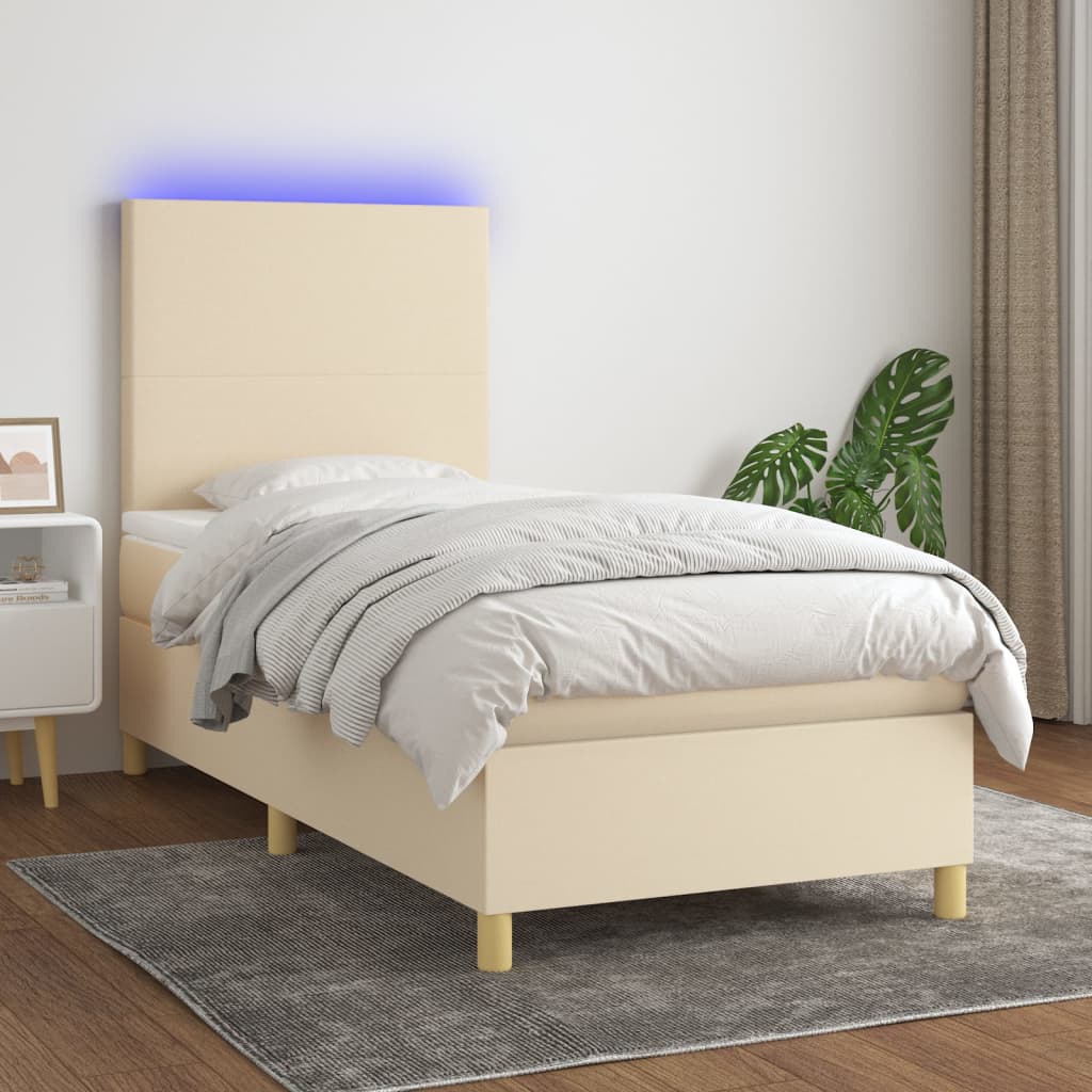 Κρεβάτι Boxspring με Στρώμα & LED Κρεμ 90x200 εκ. Υφασμάτινο