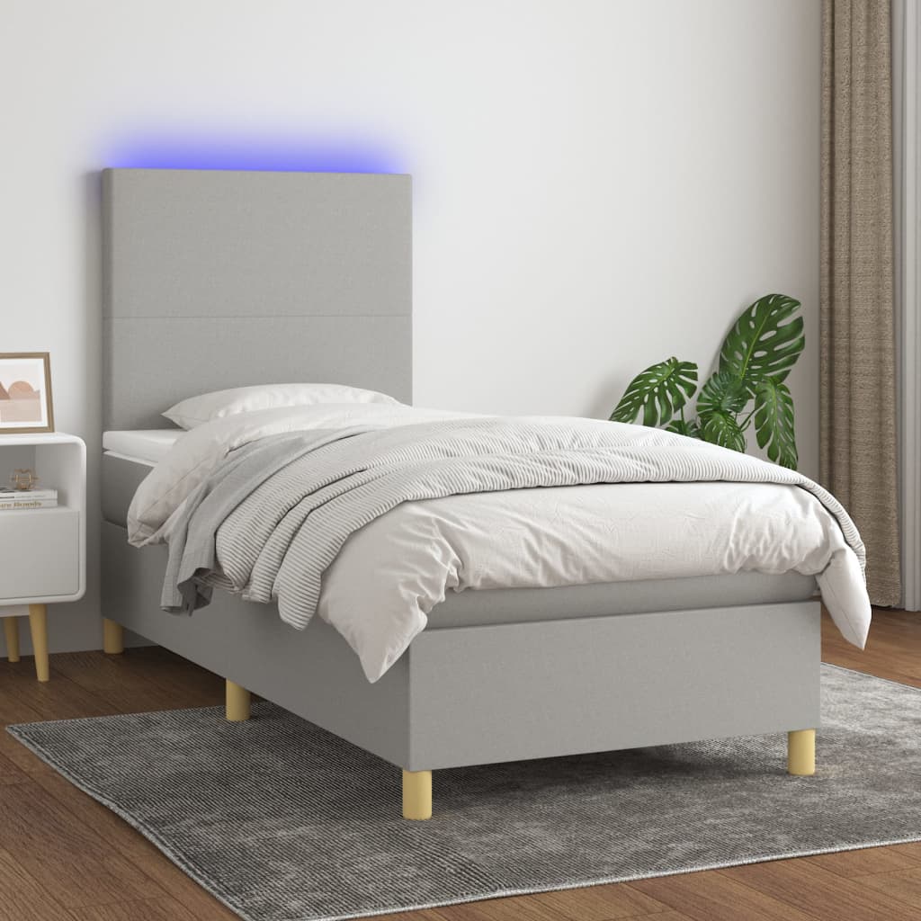 Κρεβάτι Boxspring με Στρώμα & LED Αν.Γκρι 100x200εκ. Υφασμάτινο
