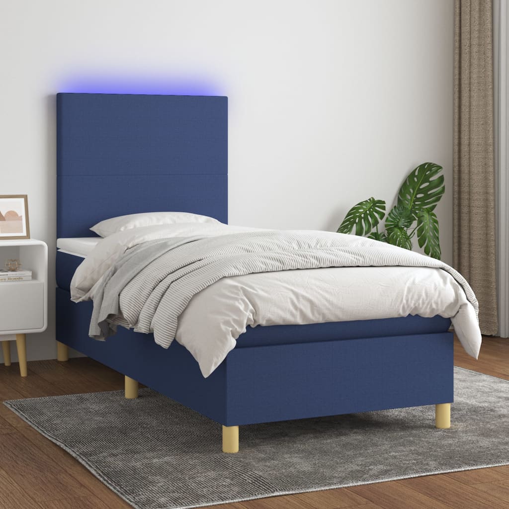 Κρεβάτι Boxspring με Στρώμα & LED Μπλε 100x200 εκ. Υφασμάτινο