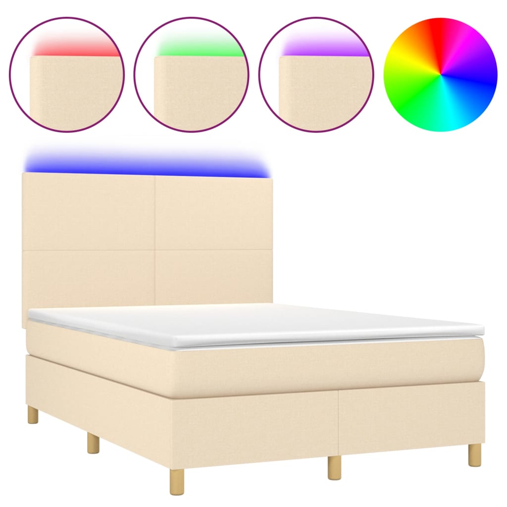Κρεβάτι Boxspring με Στρώμα & LED Κρεμ 140x190 εκ. Υφασμάτινο - Pakobazaar