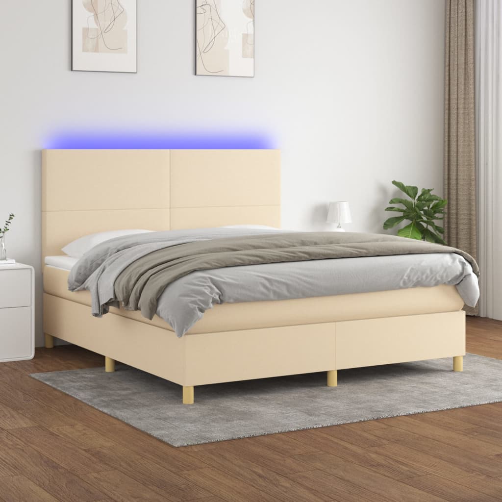 Κρεβάτι Boxspring με Στρώμα & LED Κρεμ 160x200 εκ. Υφασμάτινο