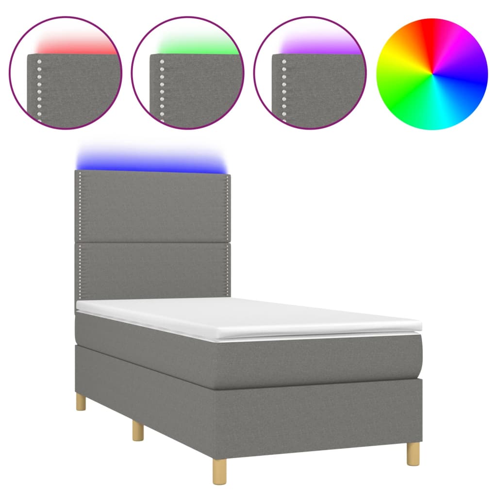 Κρεβάτι Boxspring με Στρώμα & LED Σκ.Γκρι 80x200 εκ. Υφασμάτινο