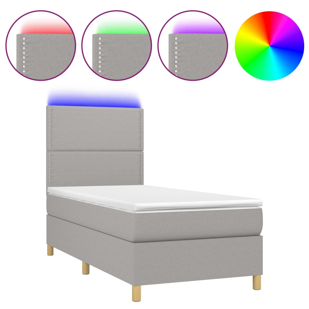 Κρεβάτι Boxspring με Στρώμα & LED Αν.Γκρι 90x190 εκ. Υφασμάτινο