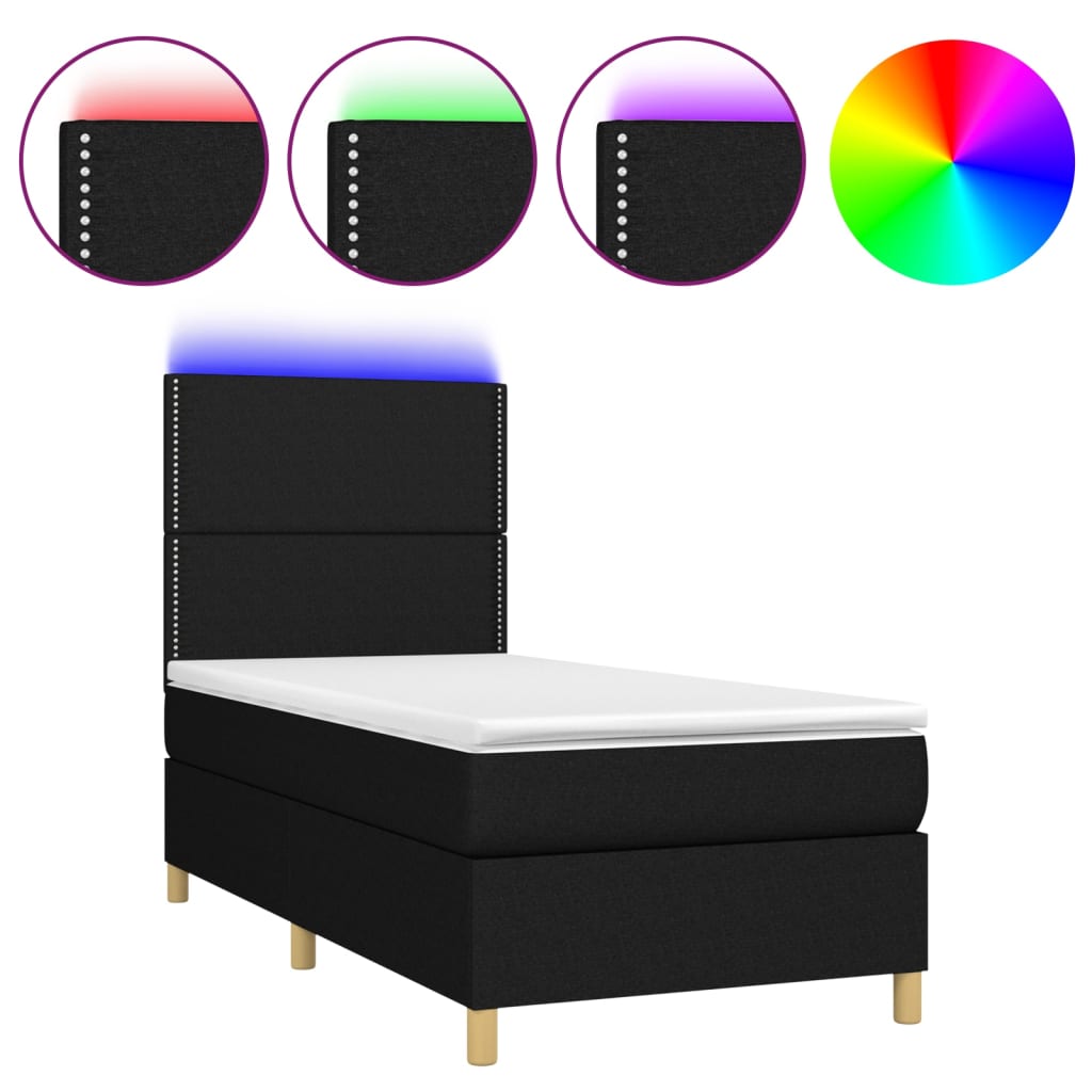 Κρεβάτι Boxspring με Στρώμα & LED Μαύρο 90x190 εκ. Υφασμάτινο