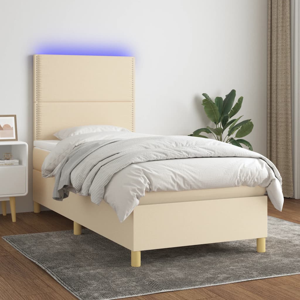 Κρεβάτι Boxspring με Στρώμα & LED Κρεμ 90x190 εκ. Υφασμάτινο