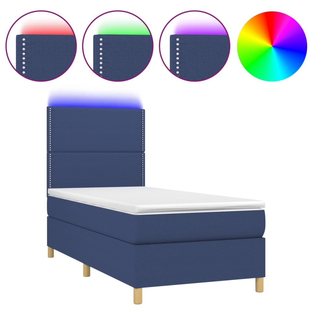 Κρεβάτι Boxspring με Στρώμα & LED Μπλε 90x190 εκ. Υφασμάτινο