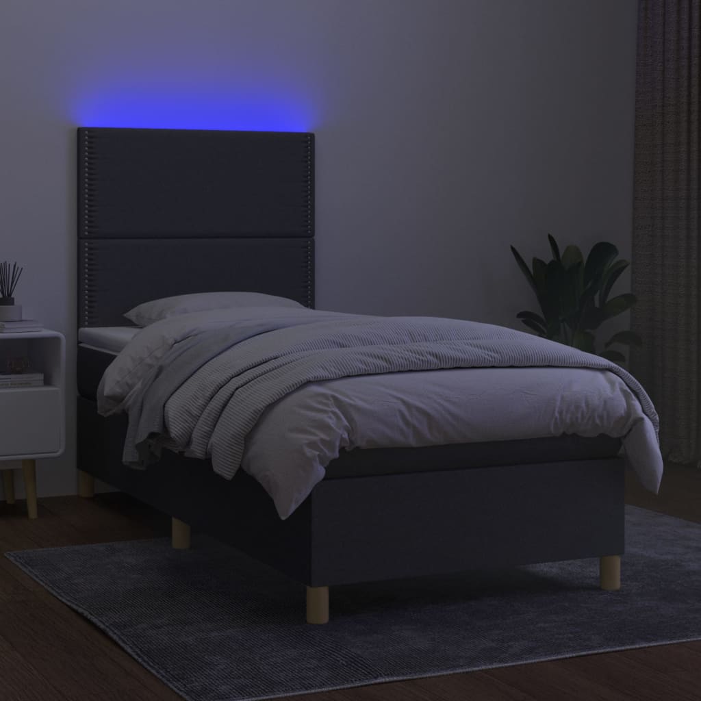 Κρεβάτι Boxspring με Στρώμα & LED Σκ.Γκρι 90x200 εκ. Υφασμάτινο