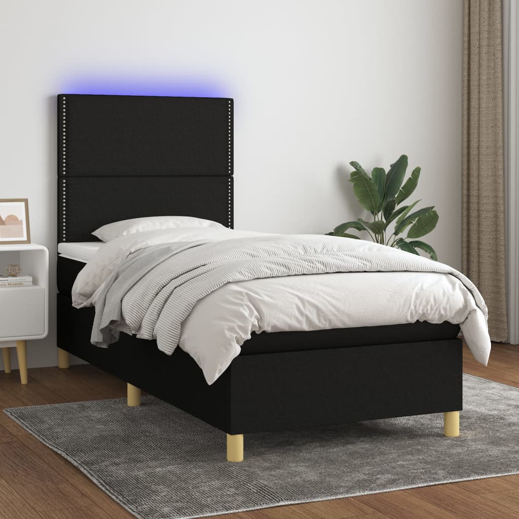 Κρεβάτι Boxspring με Στρώμα & LED Μαύρο 90x200 εκ. Υφασμάτινο
