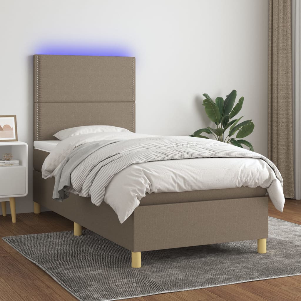 Κρεβάτι Boxspring με Στρώμα & LED Taupe 90x200 εκ. Υφασμάτινο