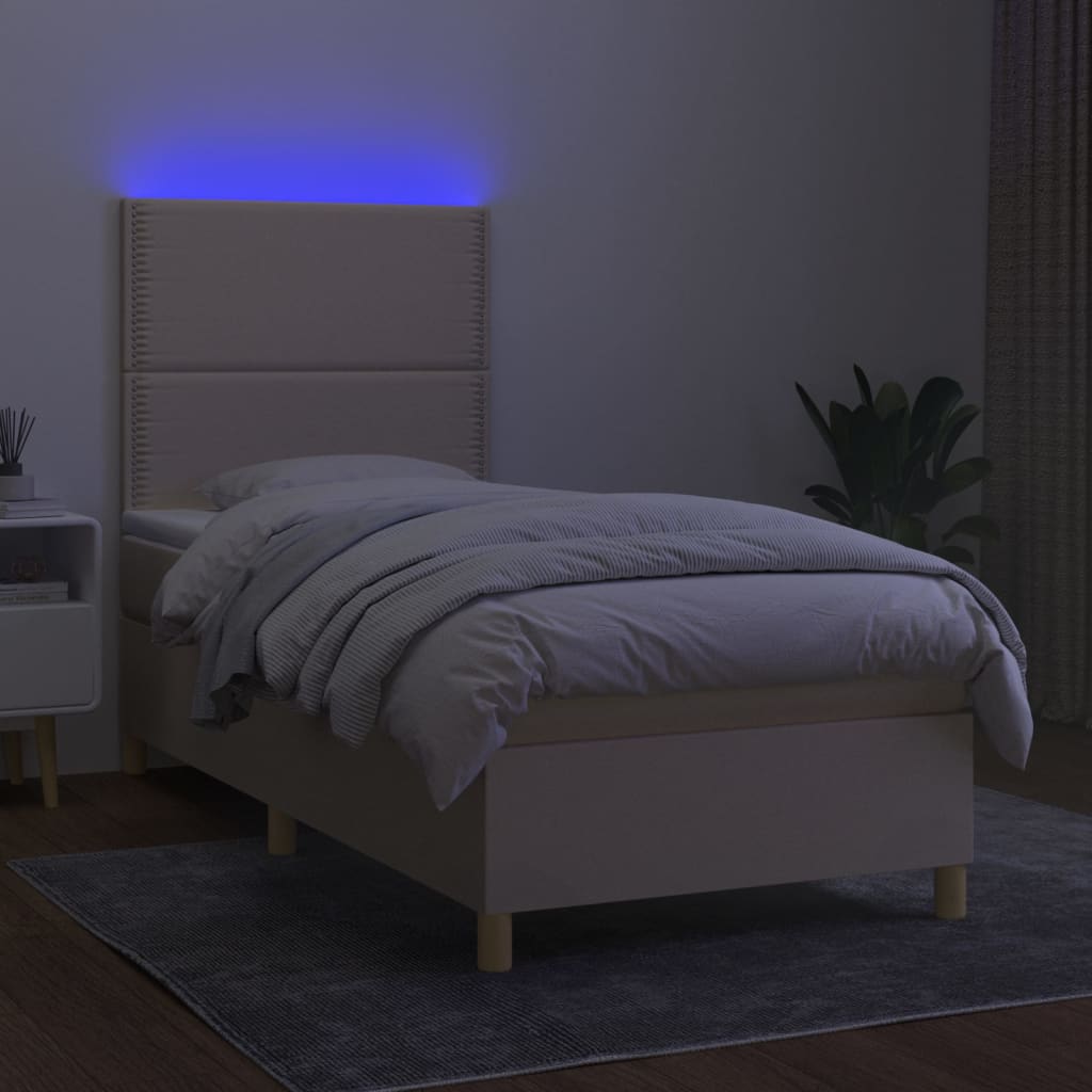 Κρεβάτι Boxspring με Στρώμα & LED Κρεμ 90x200 εκ. Υφασμάτινο