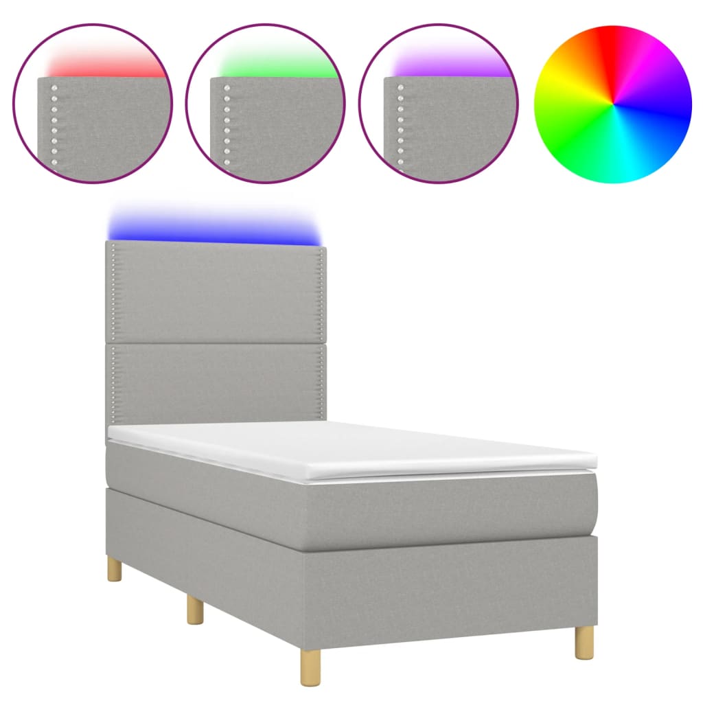 Κρεβάτι Boxspring με Στρώμα & LED Αν.Γκρι 100x200εκ. Υφασμάτινο