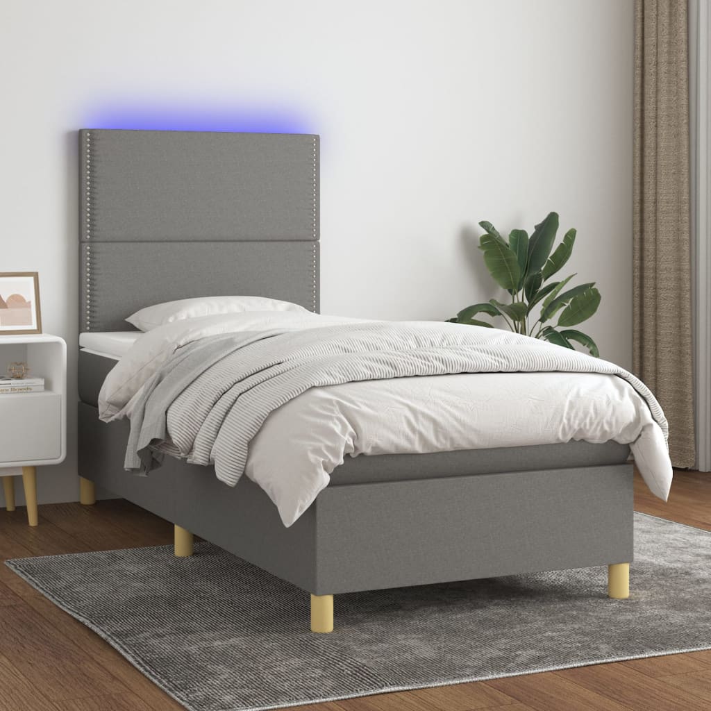 Κρεβάτι Boxspring με Στρώμα & LED Σκ.Γκρι 100x200 εκ Υφασμάτινο