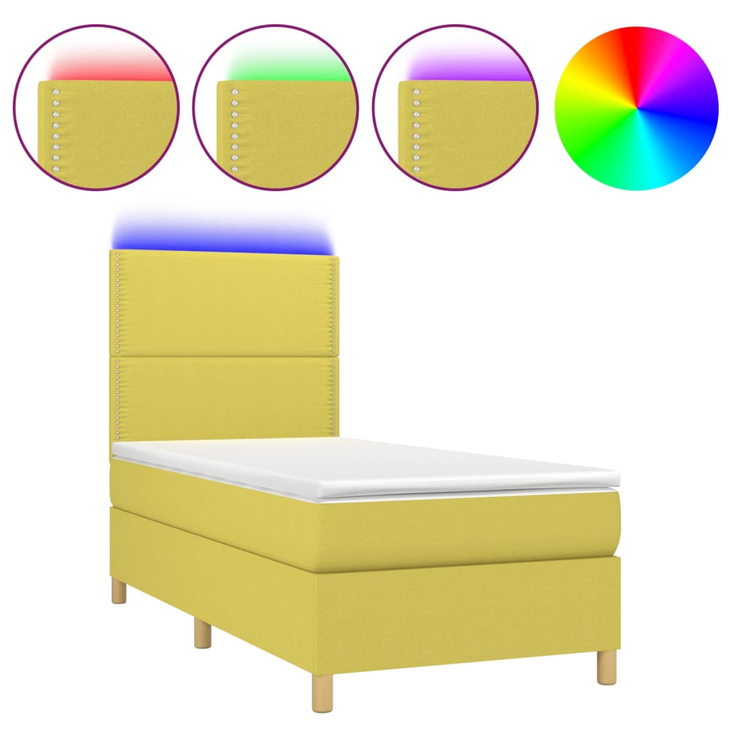 Κρεβάτι Boxspring με Στρώμα & LED Πράσινο 100x200 εκ Υφασμάτινο