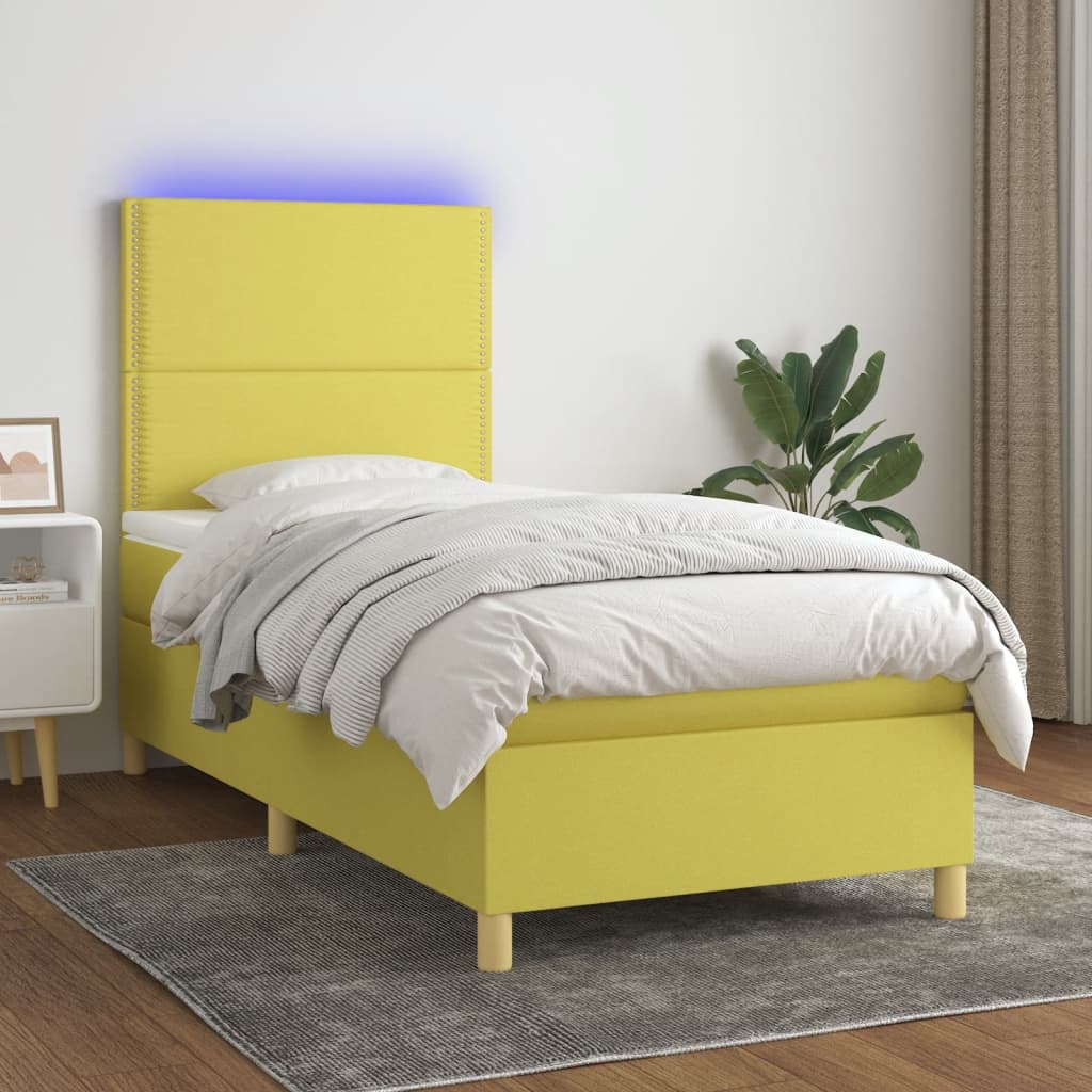 Κρεβάτι Boxspring με Στρώμα & LED Πράσινο 100x200 εκ Υφασμάτινο