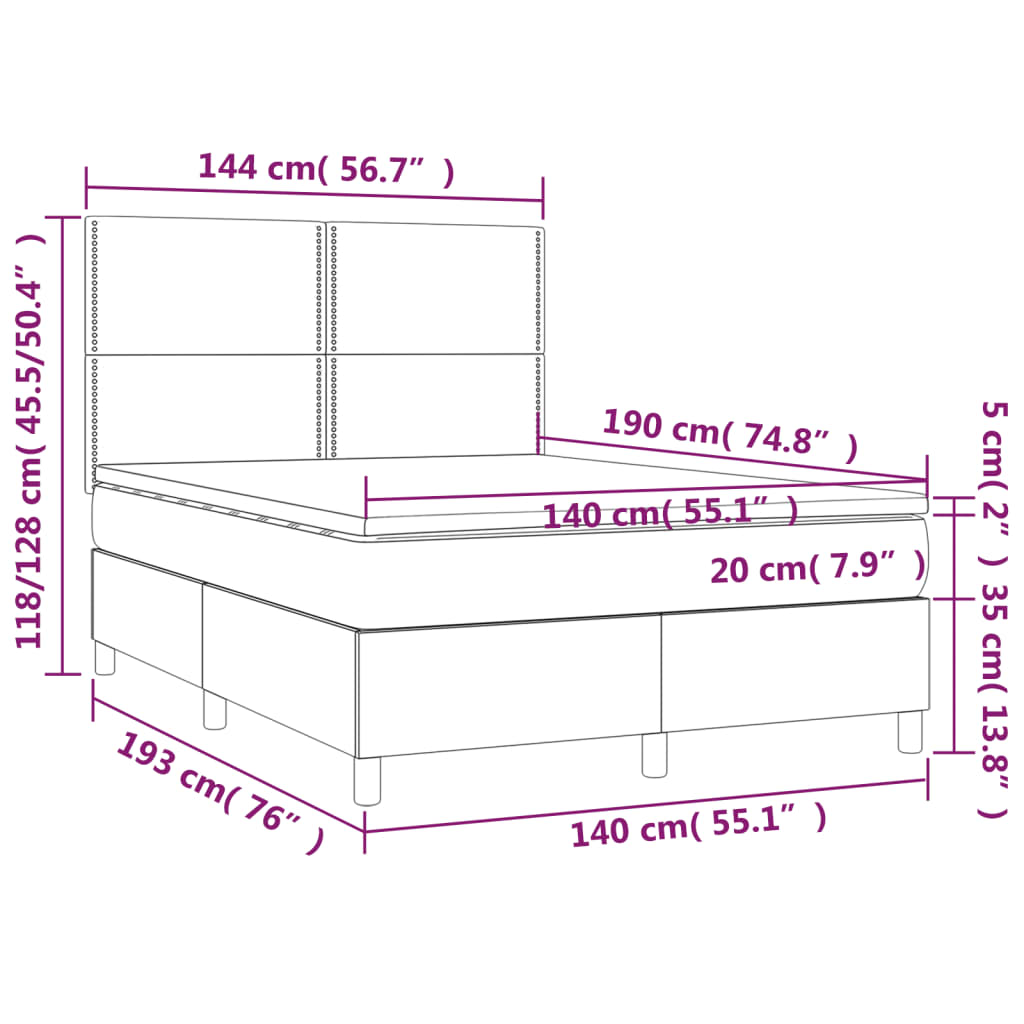 Κρεβάτι Boxspring με Στρώμα & LED Αν.Γκρι 140x190εκ. Υφασμάτινο