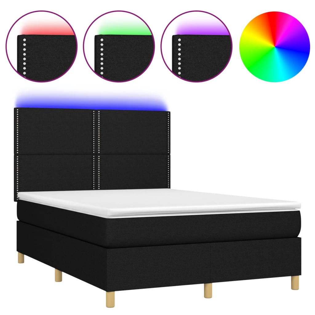 Κρεβάτι Boxspring με Στρώμα & LED Μαύρο 140x190 εκ. Υφασμάτινο