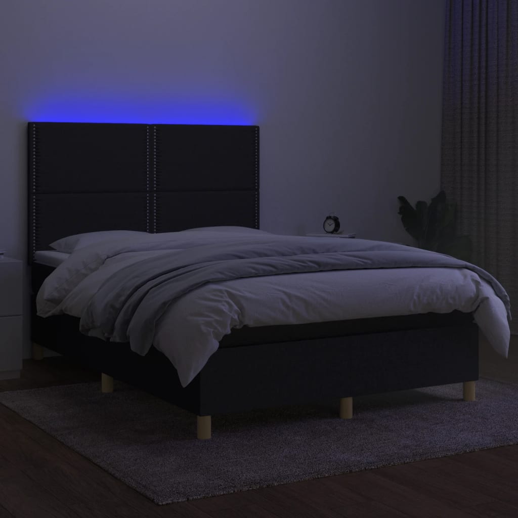 Κρεβάτι Boxspring με Στρώμα & LED Μαύρο 140x190 εκ. Υφασμάτινο