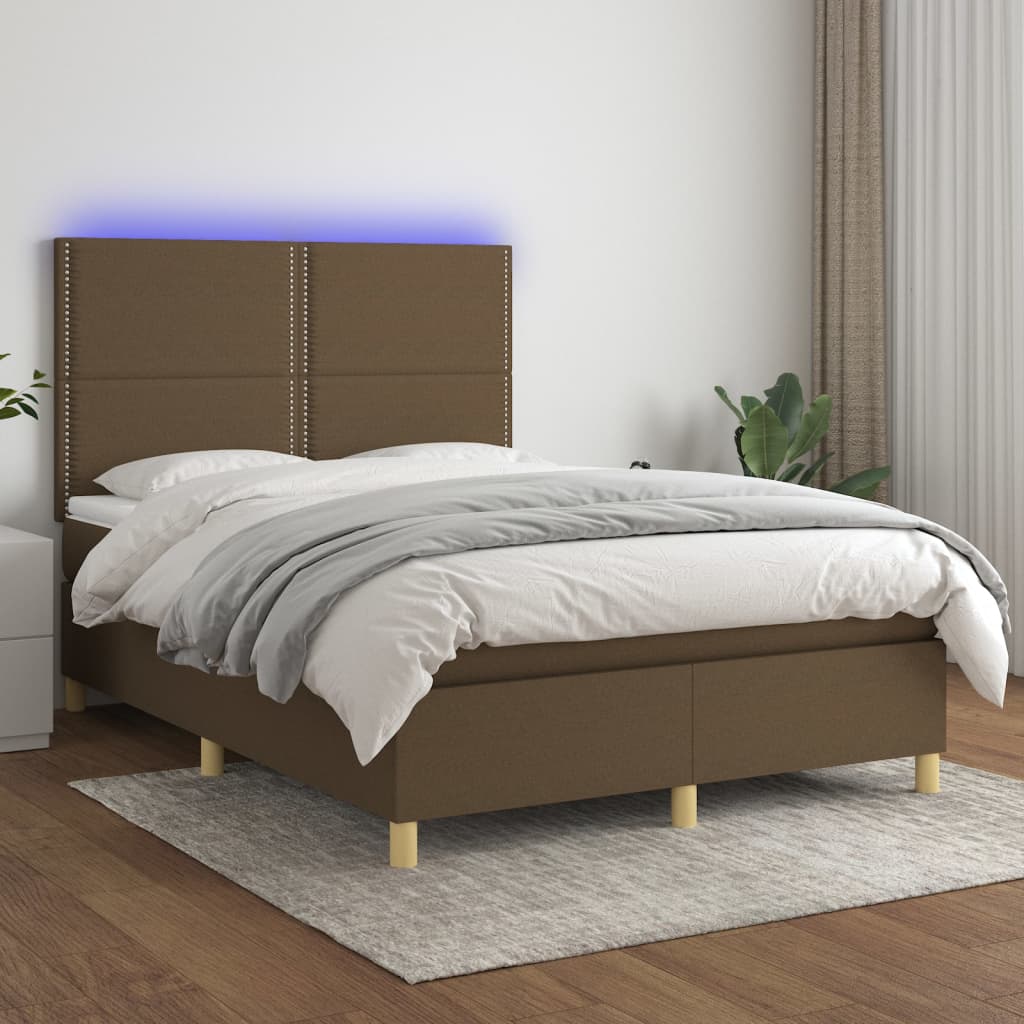 Κρεβάτι Boxspring με Στρώμα & LED Σκ.Καφέ 140x190εκ. Υφασμάτινο - Pakobazaar