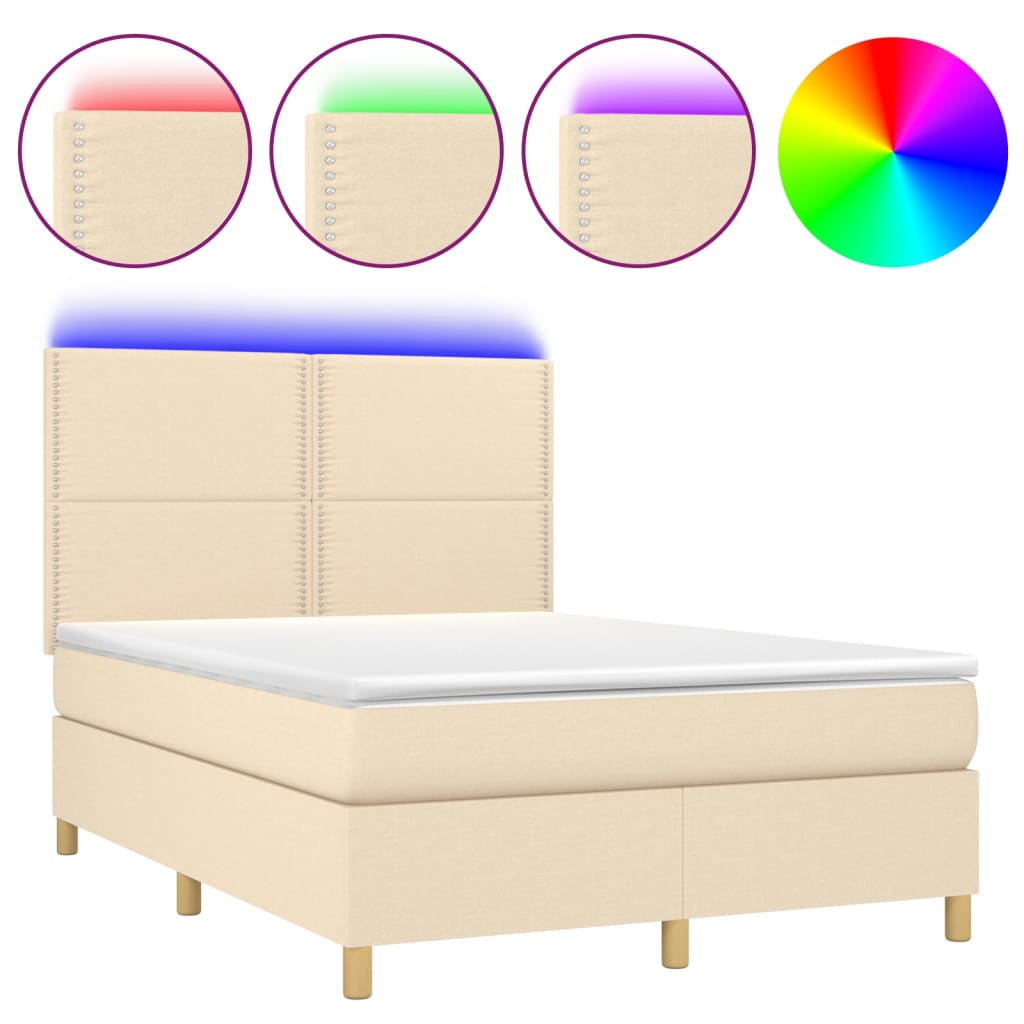 Κρεβάτι Boxspring με Στρώμα & LED Κρεμ 140x190 εκ. Υφασμάτινο - Pakobazaar