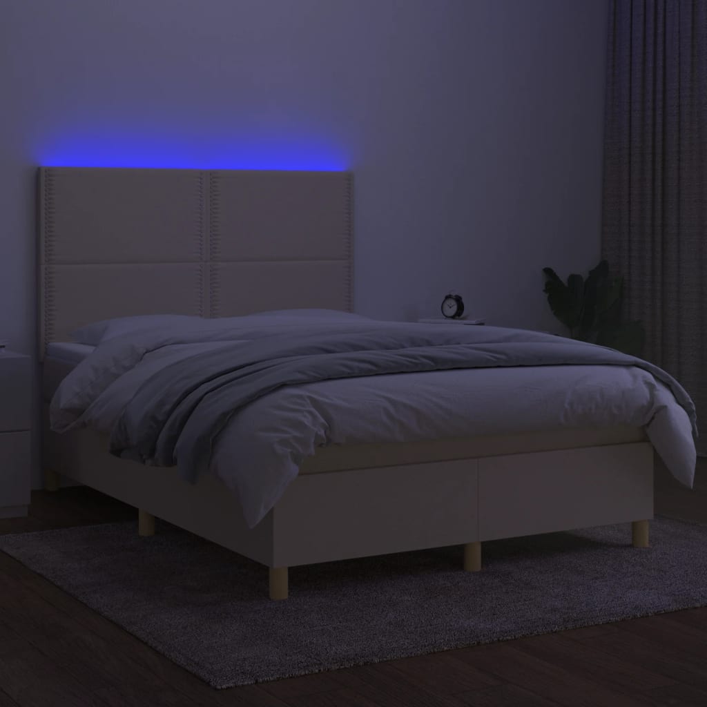 Κρεβάτι Boxspring με Στρώμα & LED Κρεμ 140x190 εκ. Υφασμάτινο - Pakobazaar