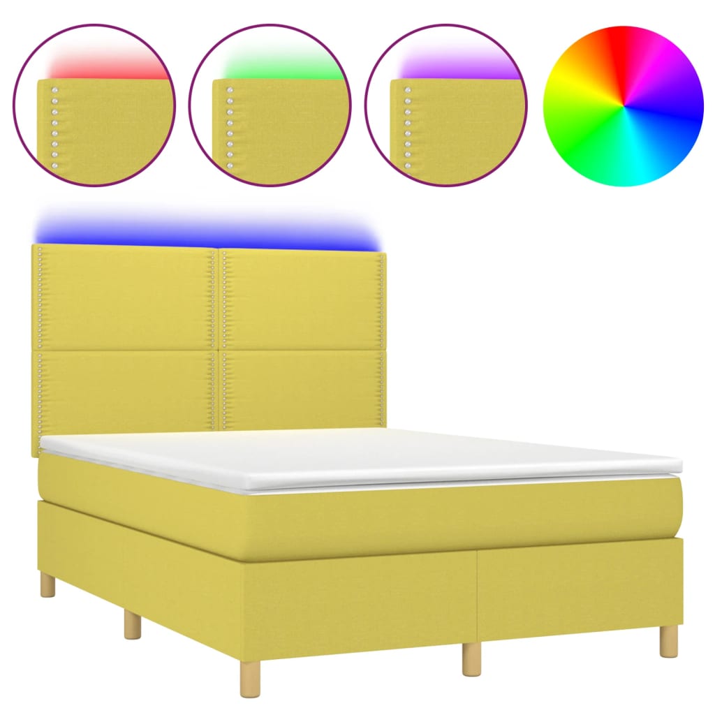 Κρεβάτι Boxspring με Στρώμα & LED Πράσινο 140x190 εκ Υφασμάτινο