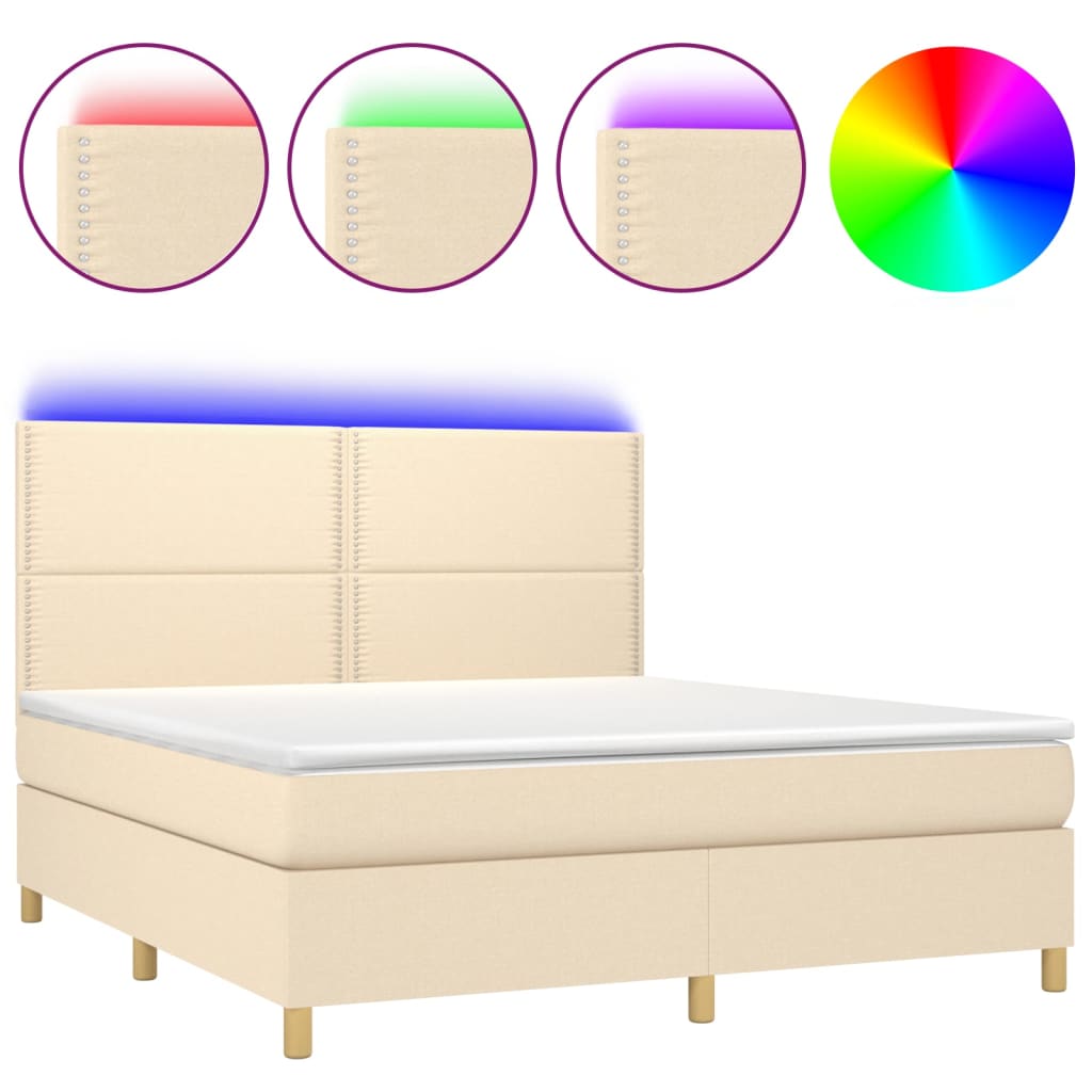 Κρεβάτι Boxspring με Στρώμα & LED Κρεμ 180x200 εκ. Υφασμάτινο