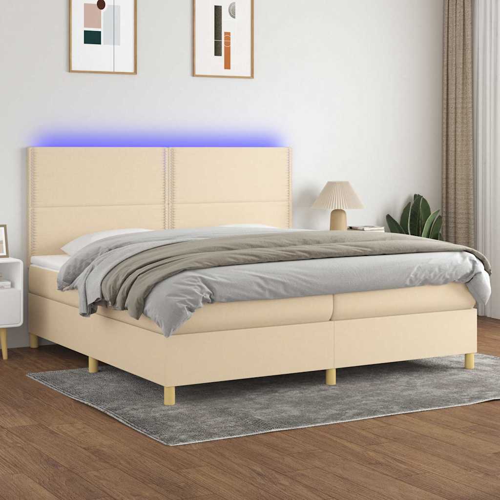 Κρεβάτι Boxspring με Στρώμα & LED Κρεμ 200x200 εκ. Υφασμάτινο - Pakobazaar