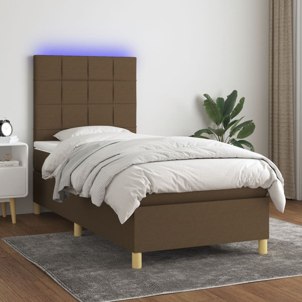 Κρεβάτι Boxspring με Στρώμα & LED Σκ.Καφέ 90x190 εκ. Υφασμάτινο