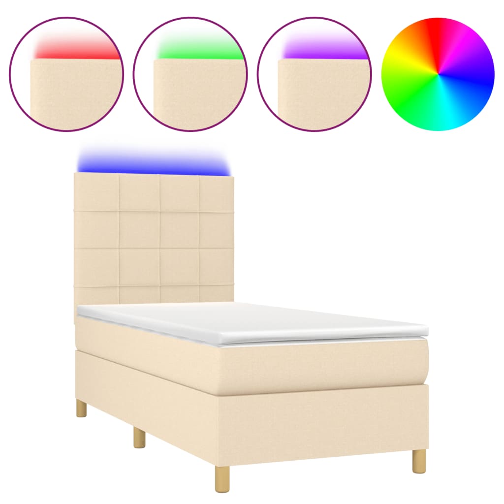 Κρεβάτι Boxspring με Στρώμα & LED Κρεμ 90x190 εκ. Υφασμάτινο