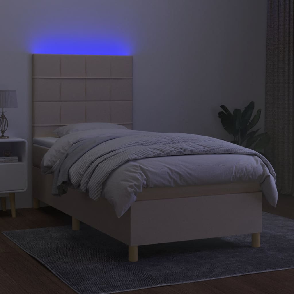 Κρεβάτι Boxspring με Στρώμα & LED Κρεμ 90x190 εκ. Υφασμάτινο