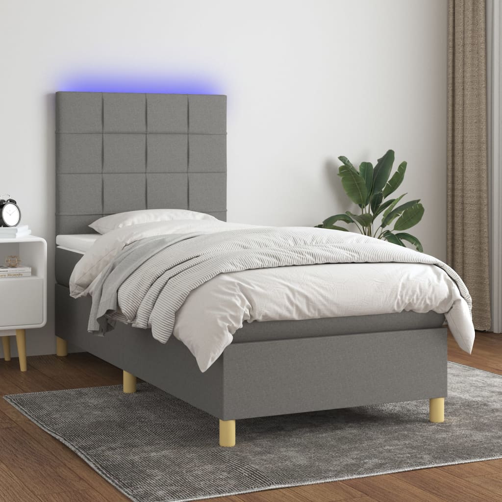 Κρεβάτι Boxspring με Στρώμα & LED Σκ.Γκρι 90x200 εκ. Υφασμάτινο