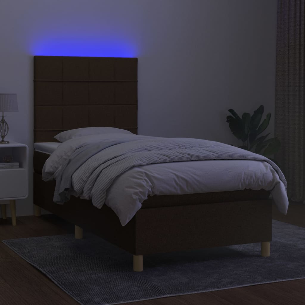 Κρεβάτι Boxspring με Στρώμα & LED Σκ.Καφέ 90x200 εκ. Υφασμάτινο