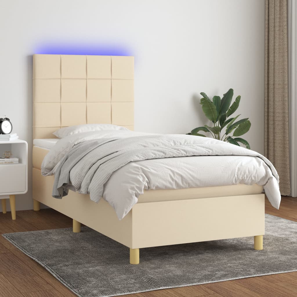 Κρεβάτι Boxspring με Στρώμα & LED Κρεμ 100x200 εκ. Υφασμάτινο
