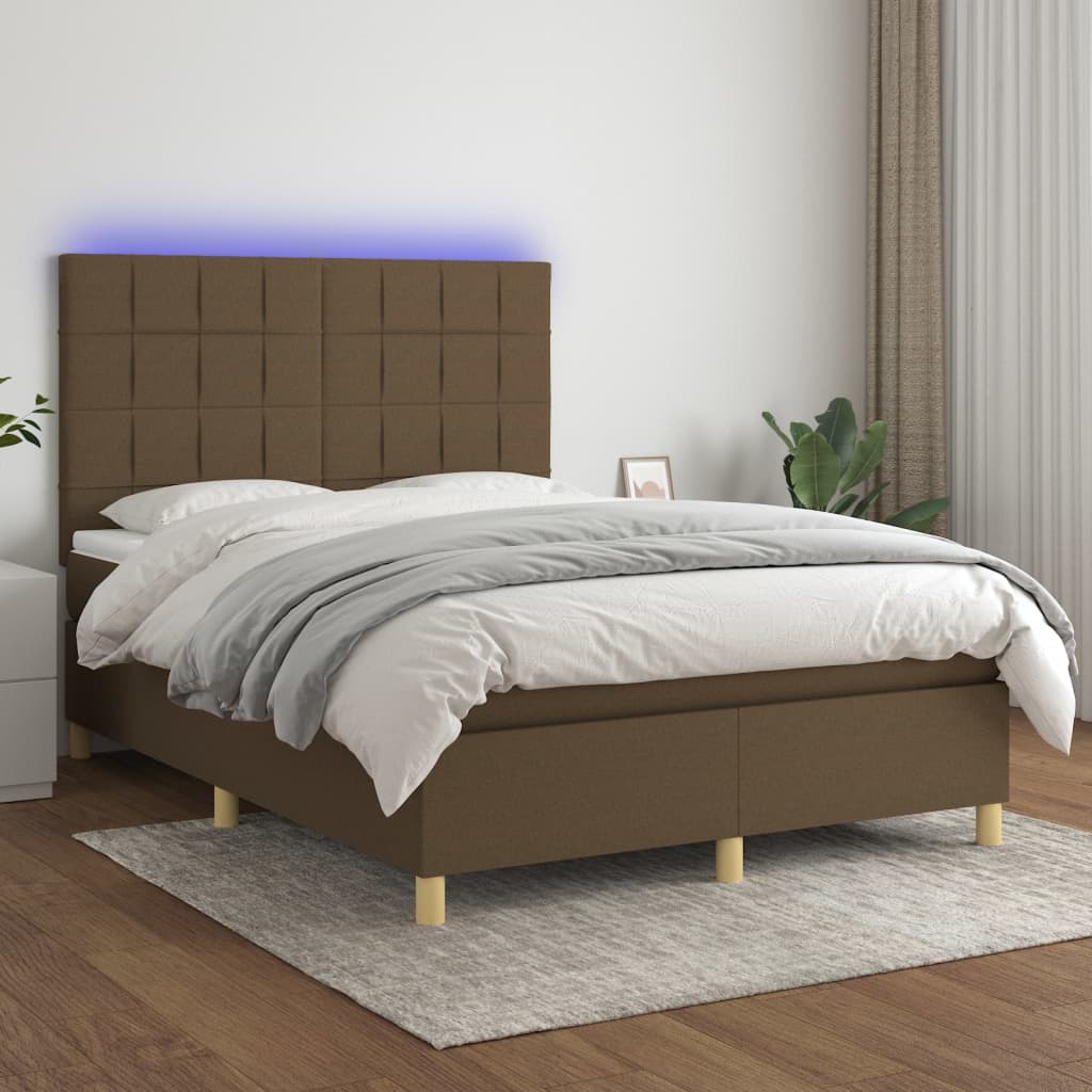 Κρεβάτι Boxspring με Στρώμα & LED Σκ.Καφέ 140x190εκ. Υφασμάτινο - Pakobazaar