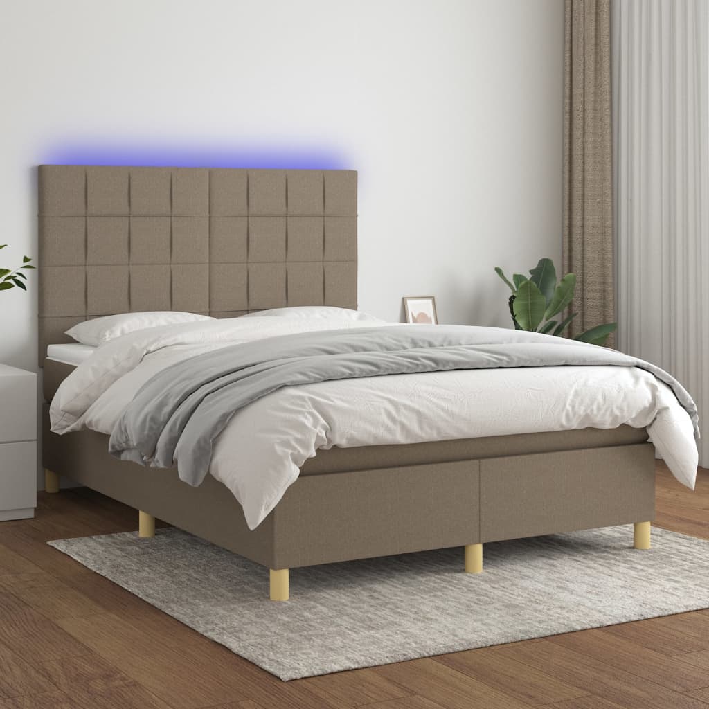 Κρεβάτι Boxspring με Στρώμα & LED Taupe 140x190 εκ. Υφασμάτινο