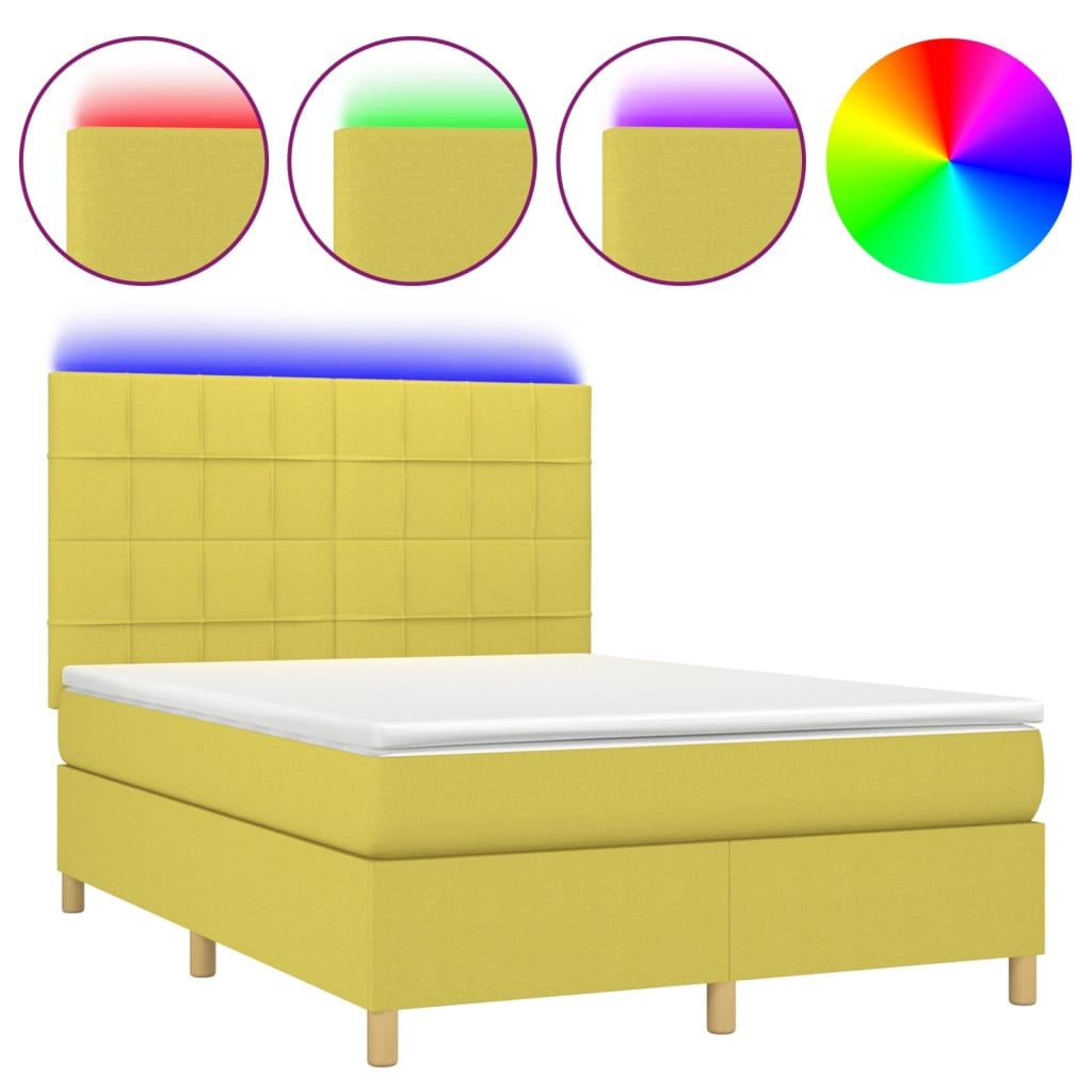 Κρεβάτι Boxspring με Στρώμα & LED Πράσινο 140x190 εκ Υφασμάτινο