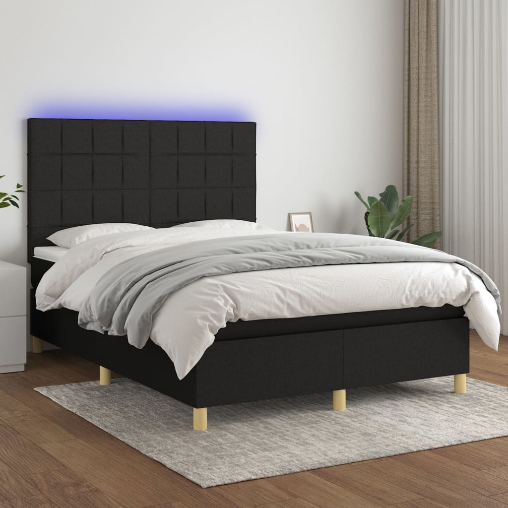 Κρεβάτι Boxspring με Στρώμα & LED Μαύρο 140x200 εκ. Υφασμάτινο
