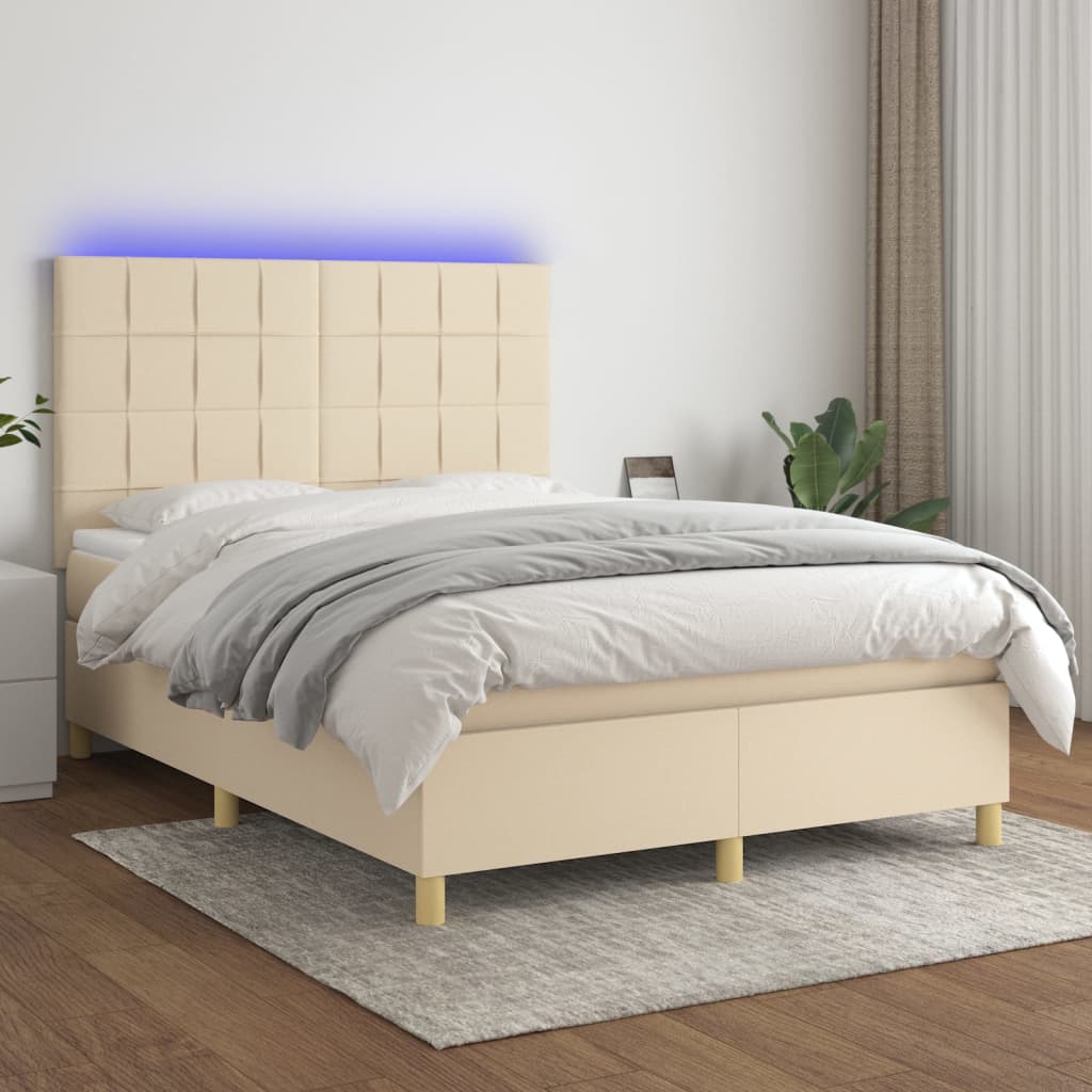 Κρεβάτι Boxspring με Στρώμα & LED Κρεμ 140x200 εκ. Υφασμάτινο