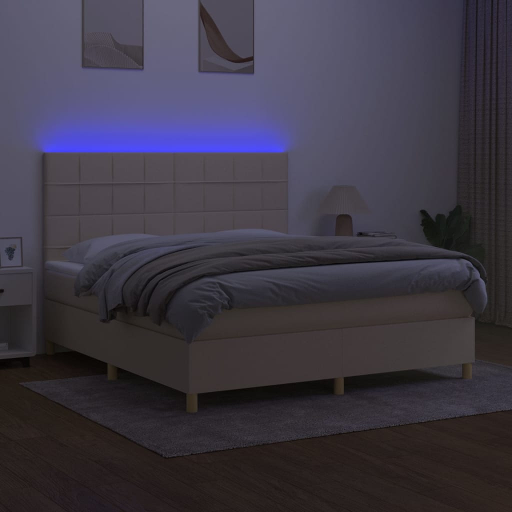 Κρεβάτι Boxspring με Στρώμα & LED Κρεμ 160x200 εκ. Υφασμάτινο