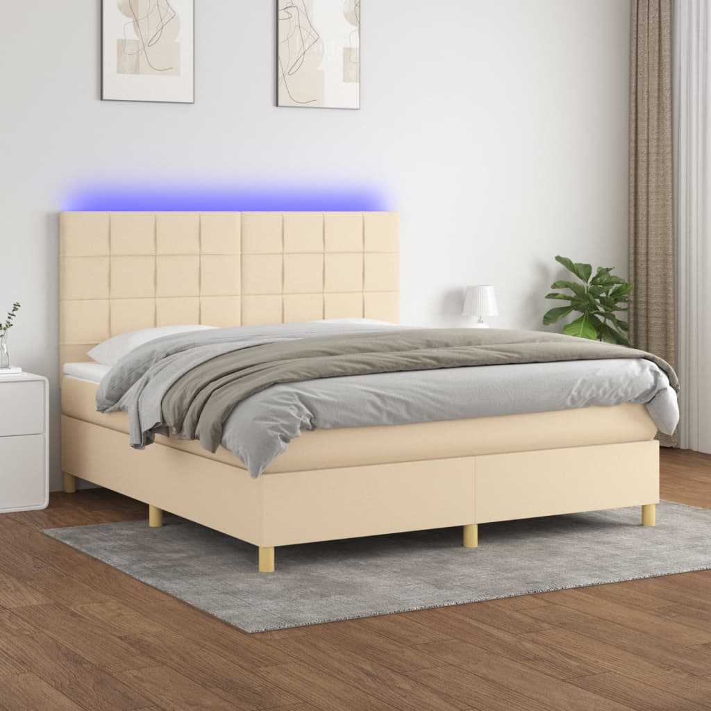 Κρεβάτι Boxspring με Στρώμα & LED Κρεμ 180x200 εκ. Υφασμάτινο