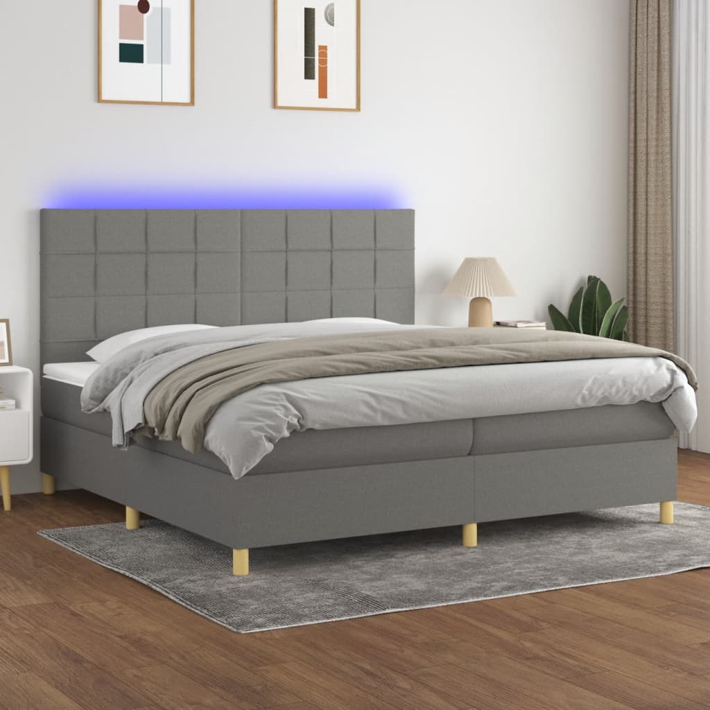 Κρεβάτι Boxspring με Στρώμα & LED Σκ.Γκρι 200x200εκ. Υφασμάτινο