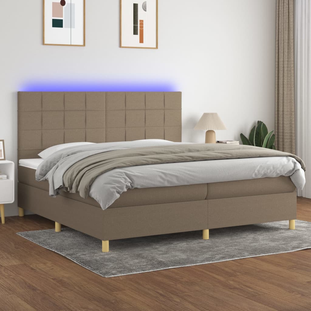 Κρεβάτι Boxspring με Στρώμα & LED Taupe 200x200 εκ. Υφασμάτινο