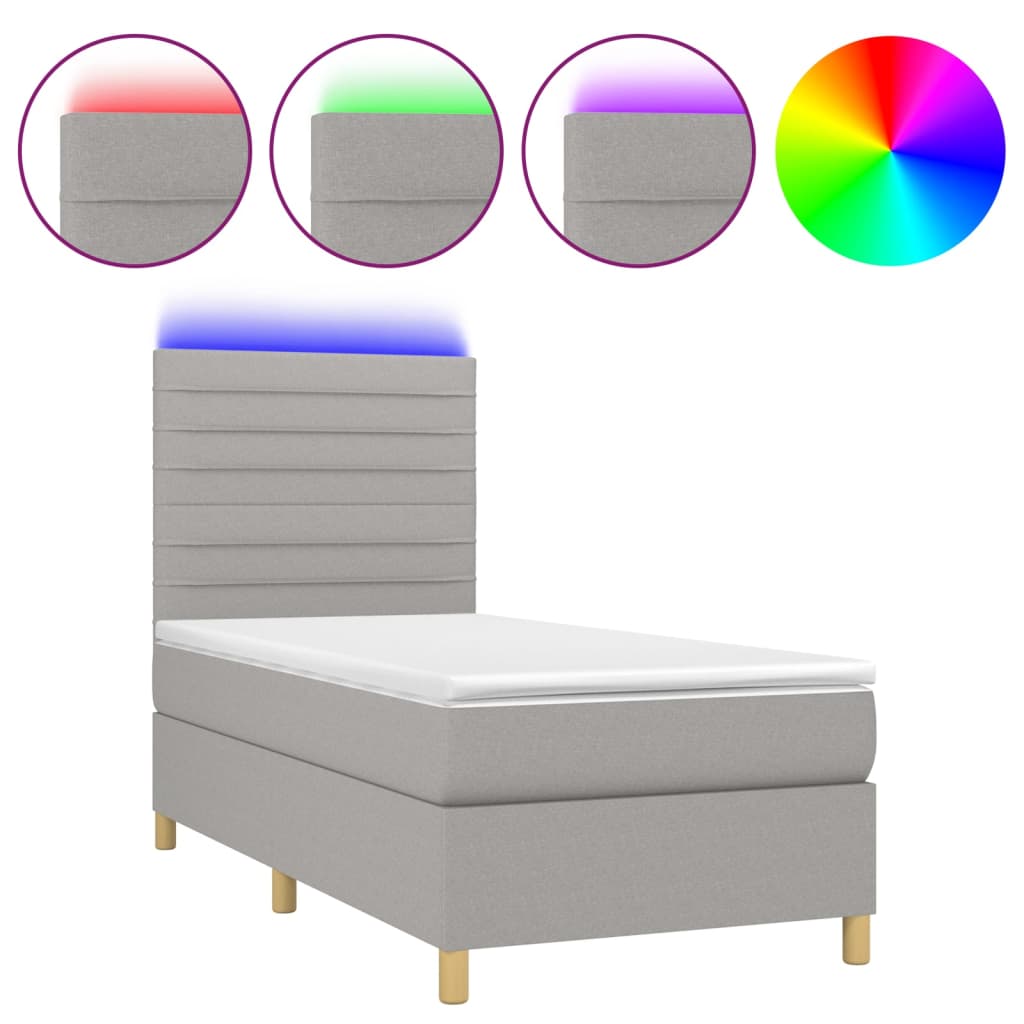 Κρεβάτι Boxspring με Στρώμα & LED Αν.Γκρι 90x190 εκ. Υφασμάτινο