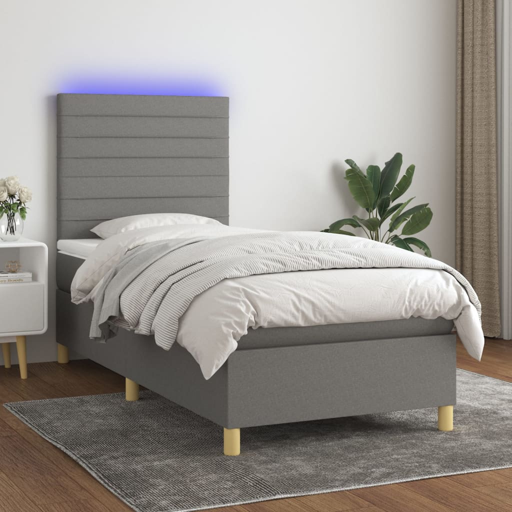 Κρεβάτι Boxspring με Στρώμα & LED Σκ.Γκρι 90x190 εκ. Υφασμάτινο - Pakobazaar