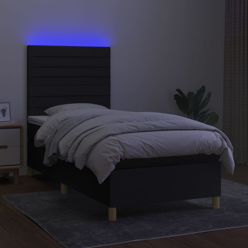 Κρεβάτι Boxspring με Στρώμα & LED Μαύρο 90x190 εκ. Υφασμάτινο