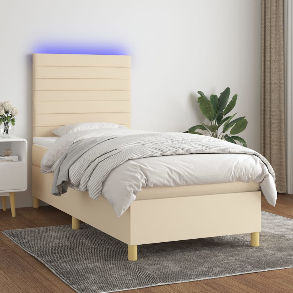 Κρεβάτι Boxspring με Στρώμα & LED Κρεμ 90x190 εκ. Υφασμάτινο