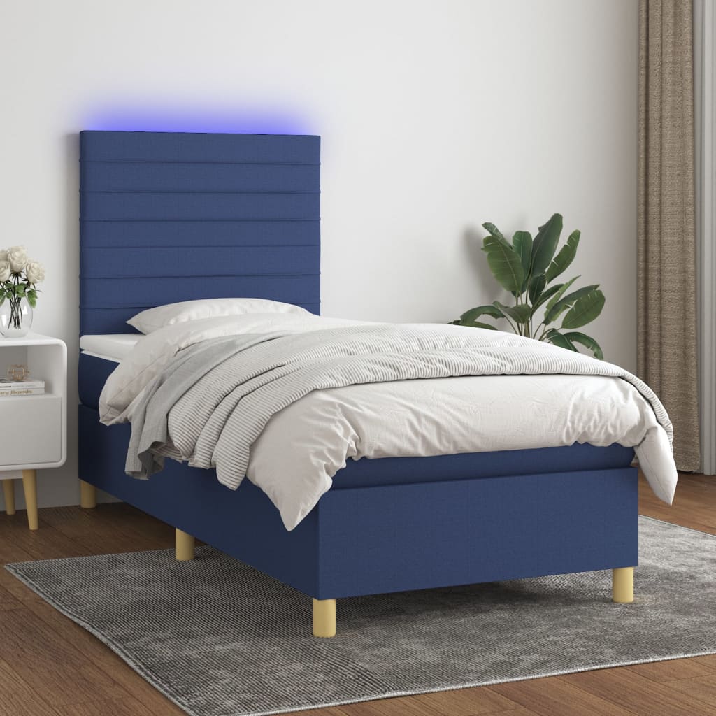 Κρεβάτι Boxspring με Στρώμα & LED Μπλε 90x190 εκ. Υφασμάτινο