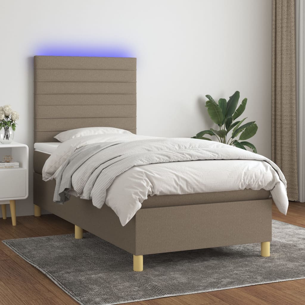 Κρεβάτι Boxspring με Στρώμα & LED Taupe 90x200 εκ. Υφασμάτινο